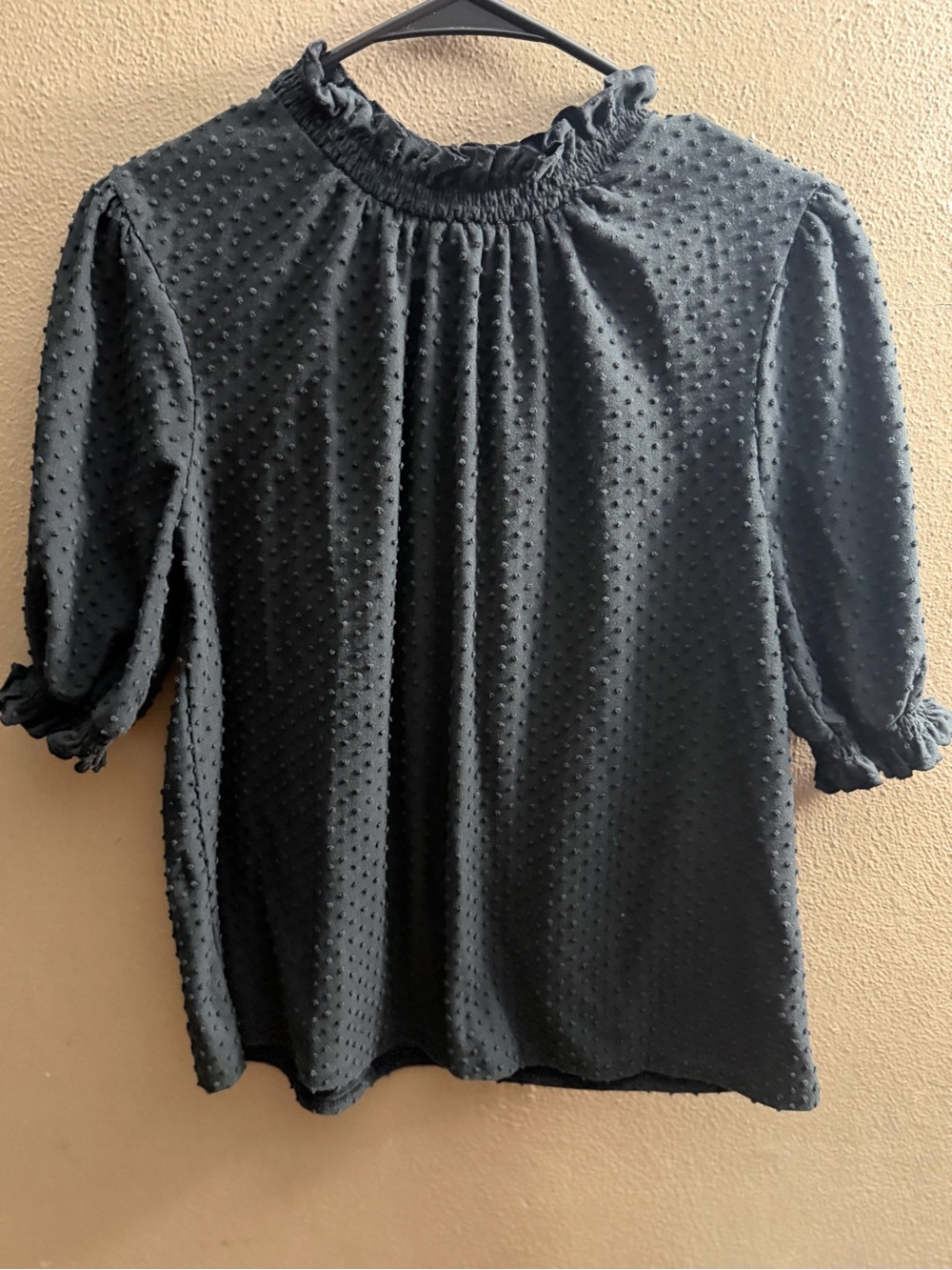 J. Crew Black Swiss Dot Ruffle Mock Neck Blouse